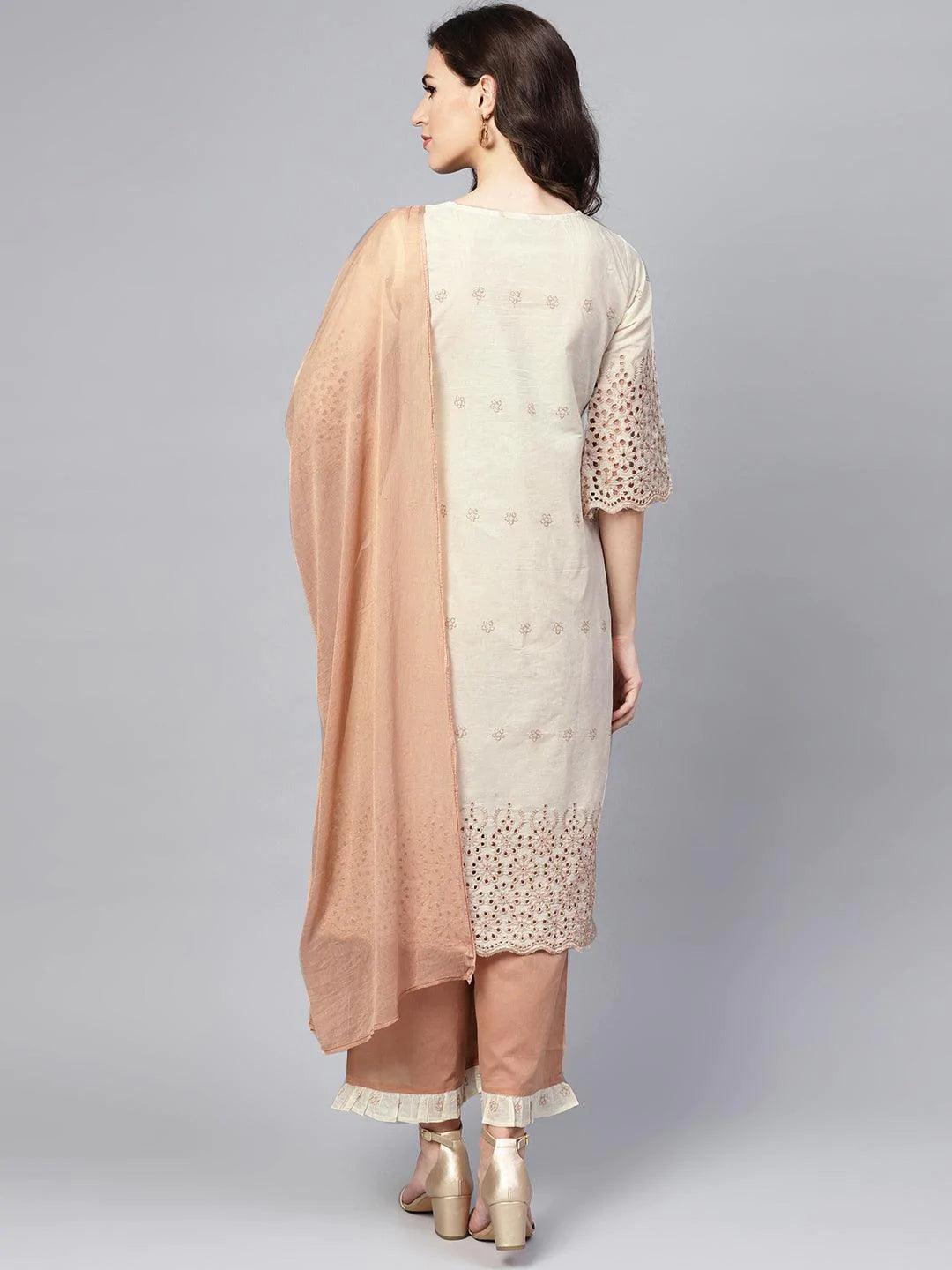 Off White Embroidered Cotton Suit Set - ShopLibas