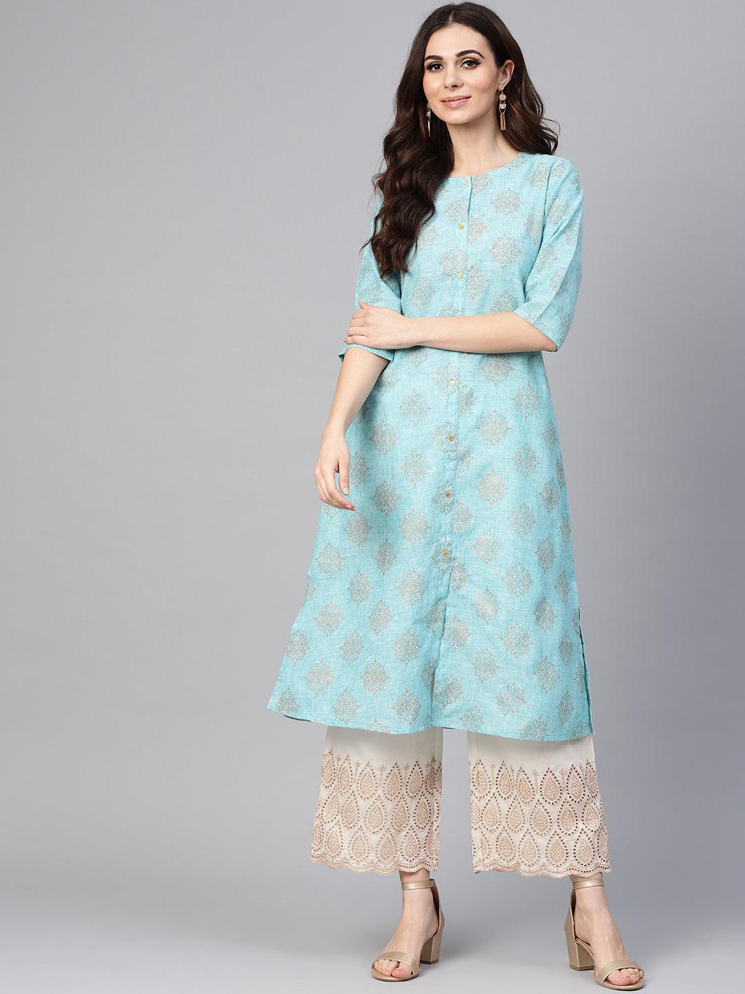 Blue Printed Cotton Kurta Set