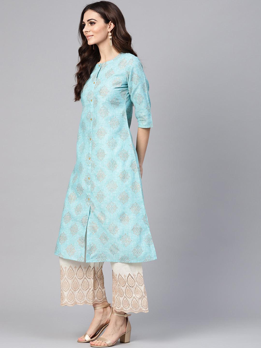 Blue Printed Cotton Kurta Set