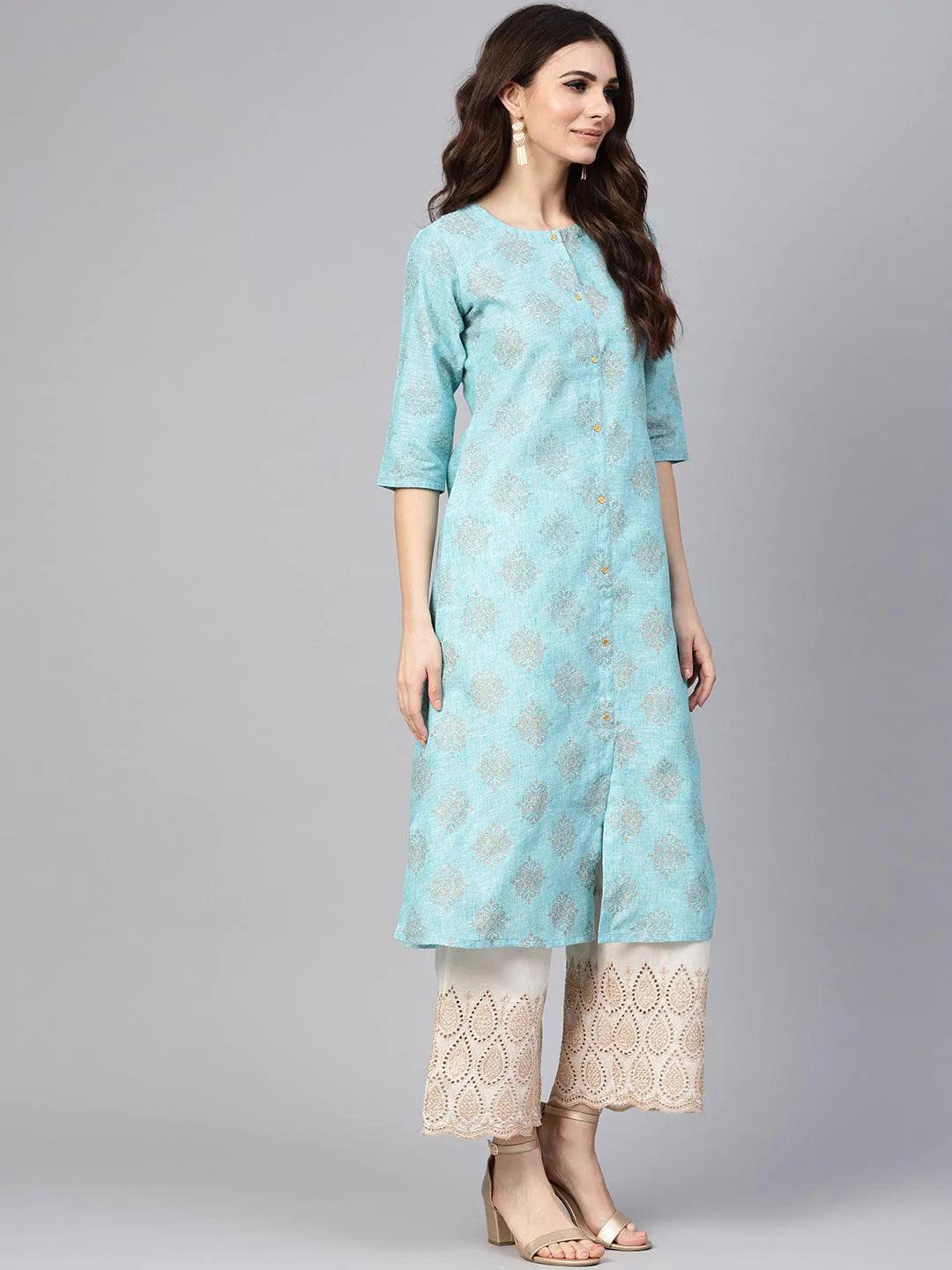 Blue Printed Cotton Kurta Set