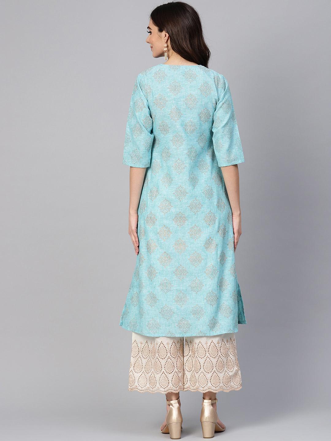 Blue Printed Cotton Kurta Set