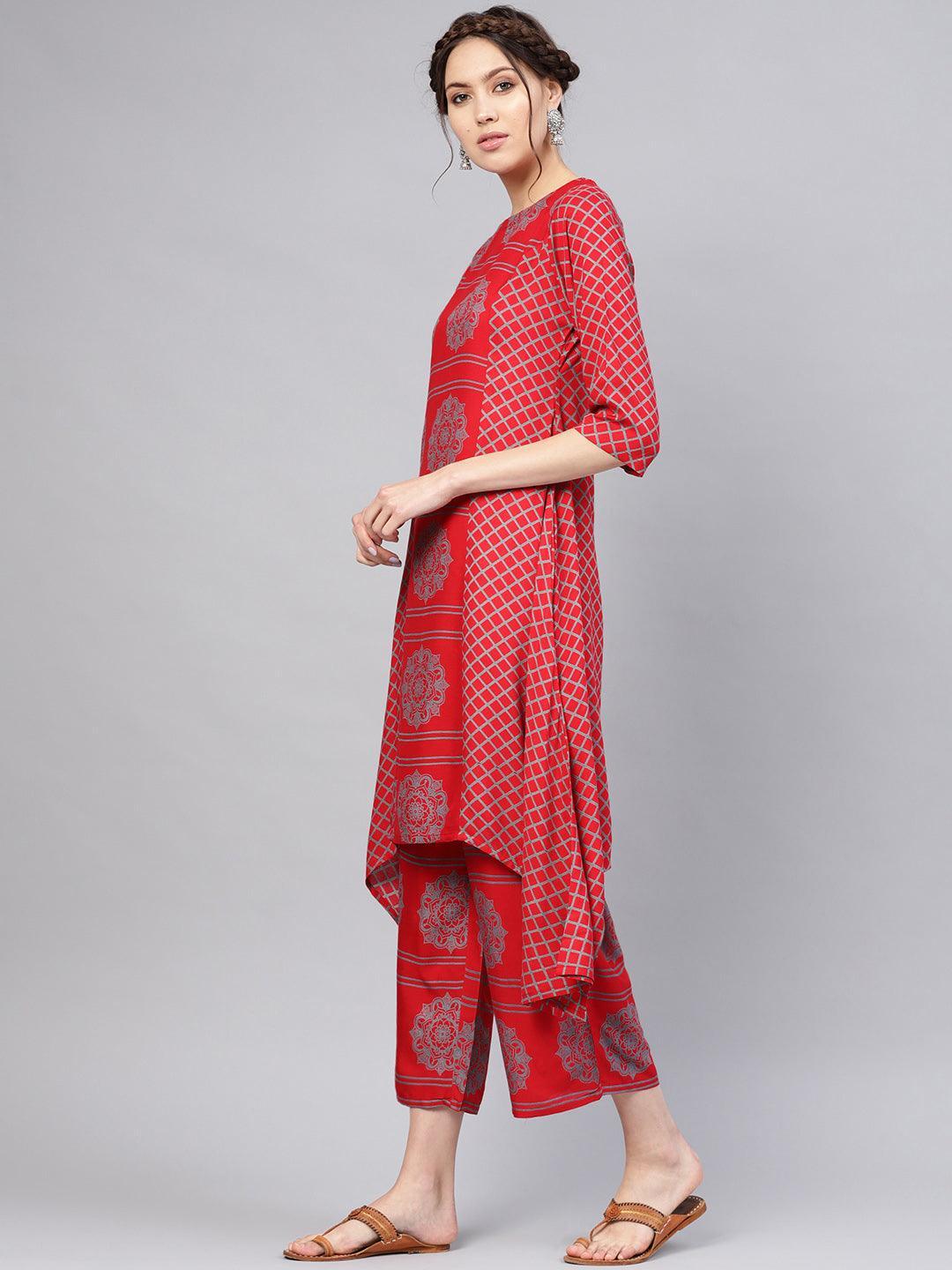 Red Printed Rayon Kurta Set - ShopLibas