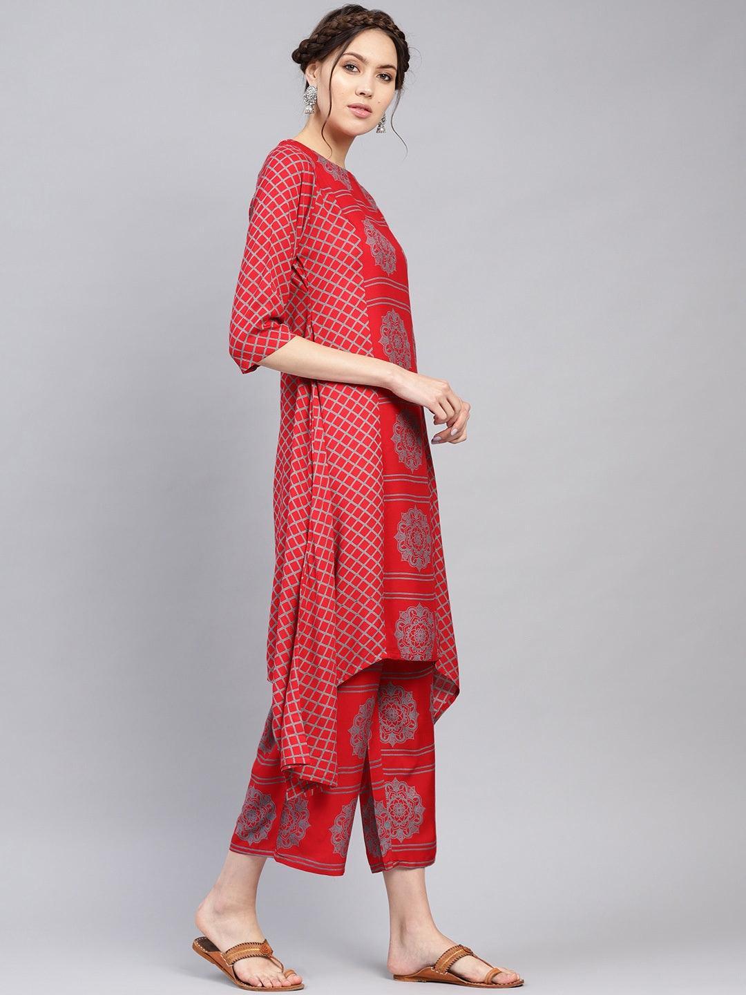 Red Printed Rayon Kurta Set - ShopLibas