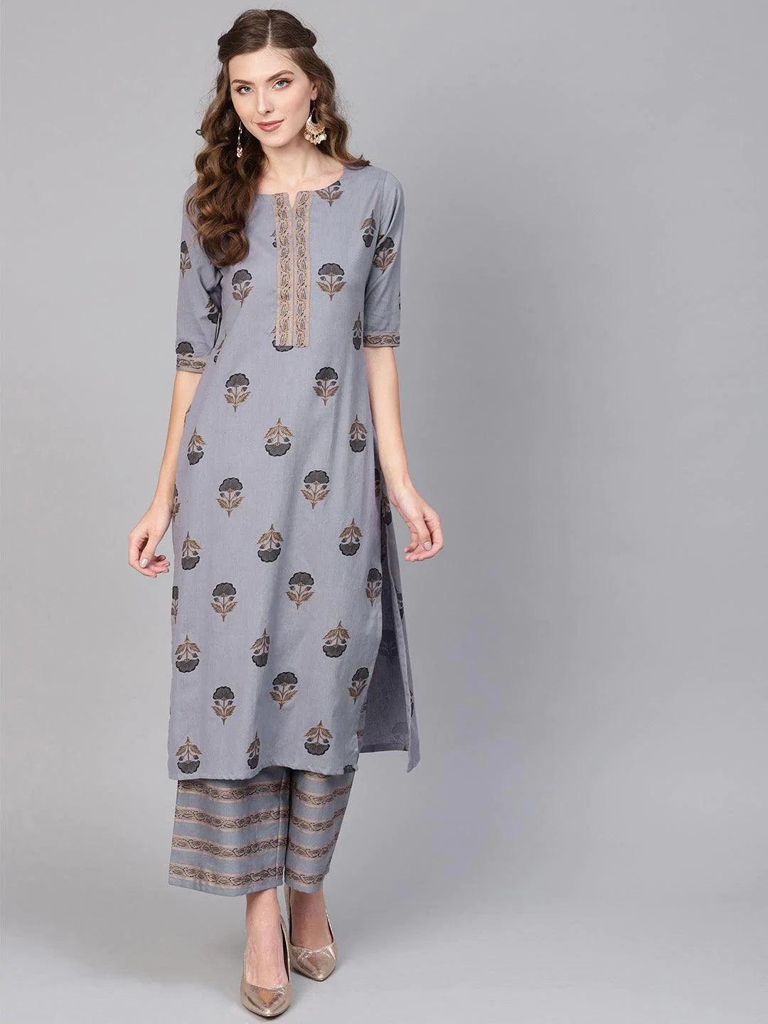 Grey Printed Cotton Kurta Set