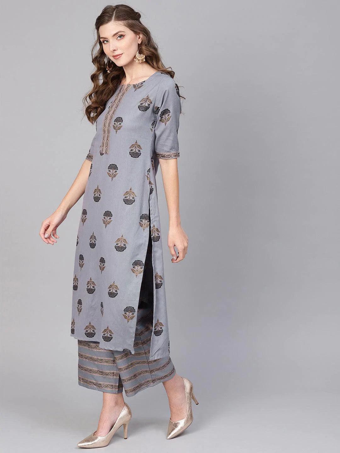 Grey Printed Cotton Kurta Set