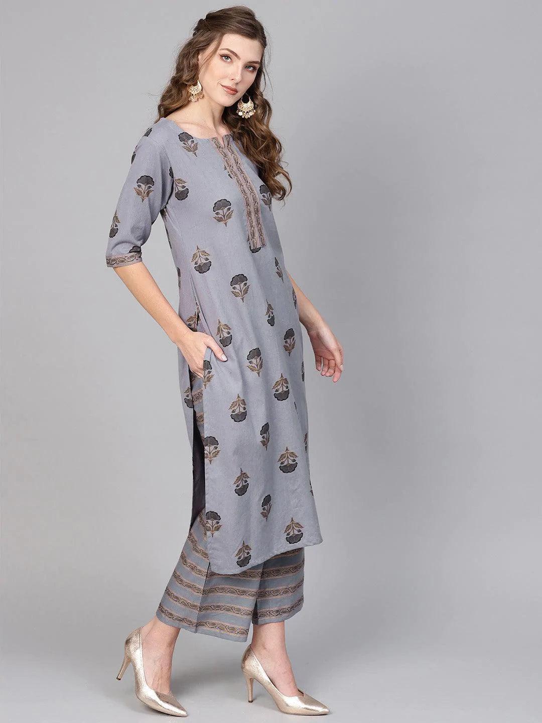 Grey Printed Cotton Kurta Set