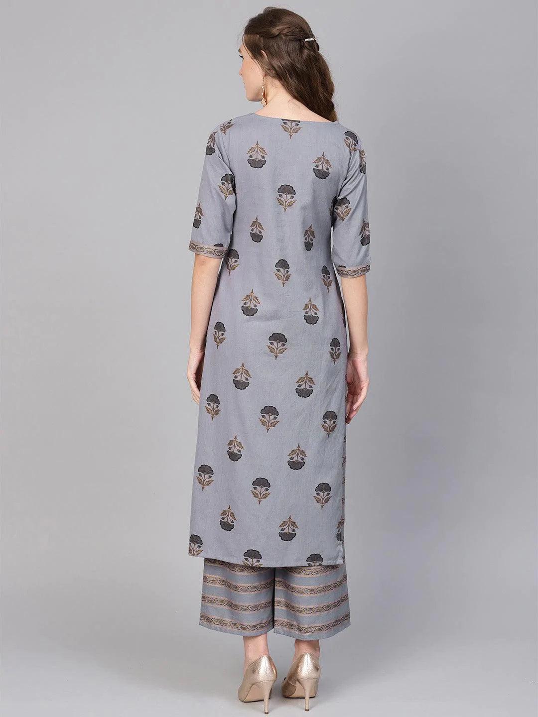 Grey Printed Cotton Kurta Set