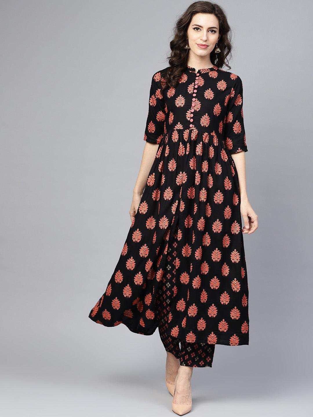 Black Printed Rayon Kurta Set