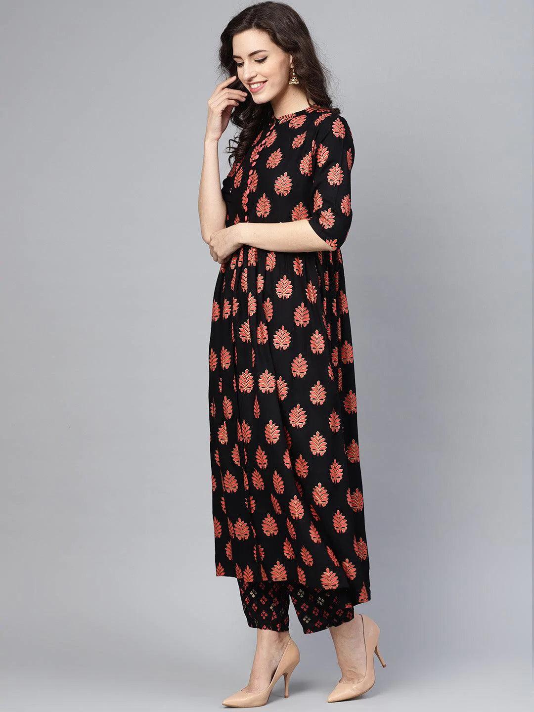 Black Printed Rayon Kurta Set