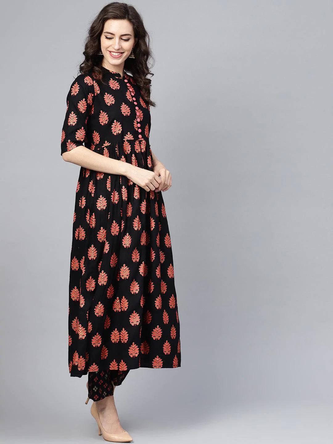 Black Printed Rayon Kurta Set