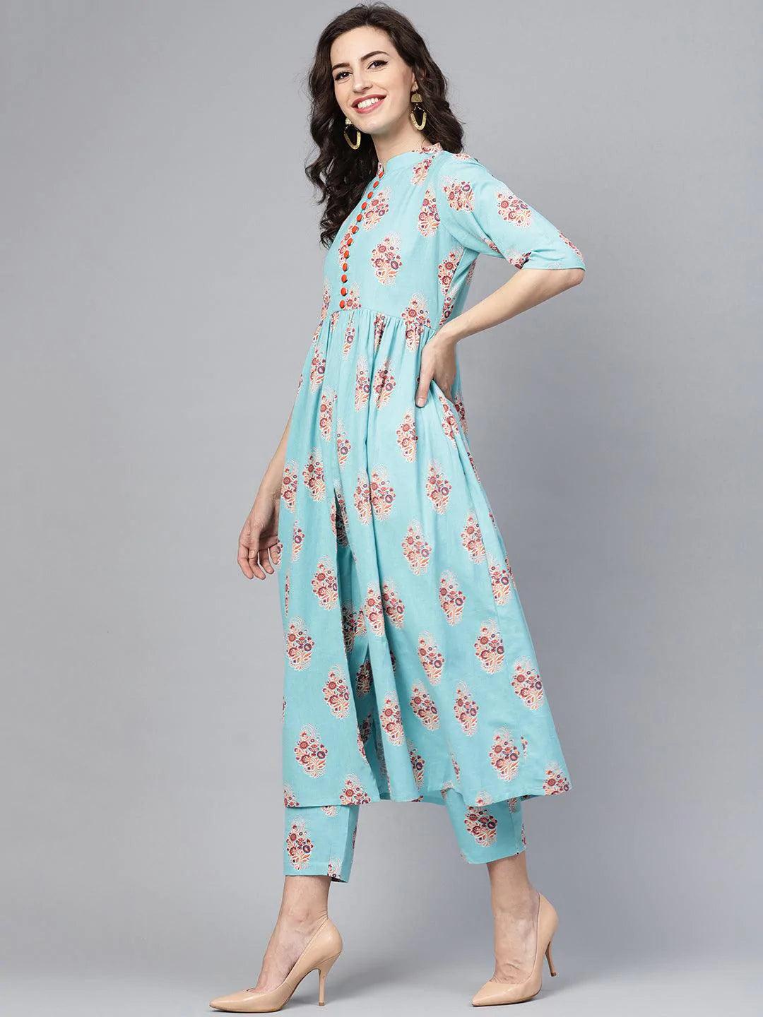 Blue Printed Cotton Kurta Set