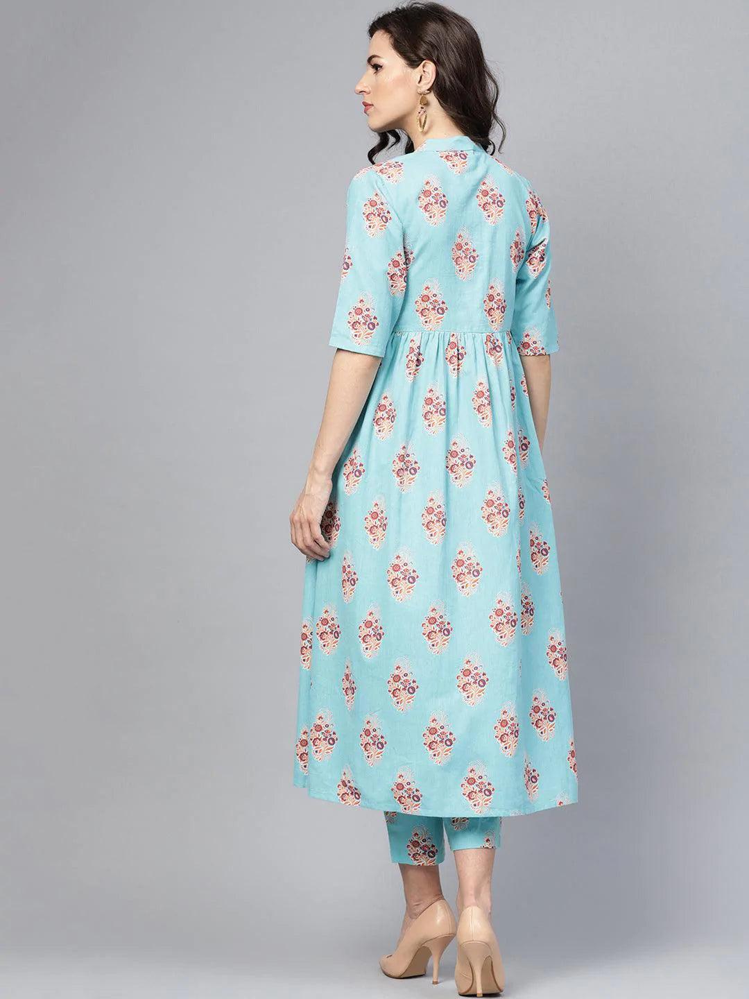 Blue Printed Cotton Kurta Set