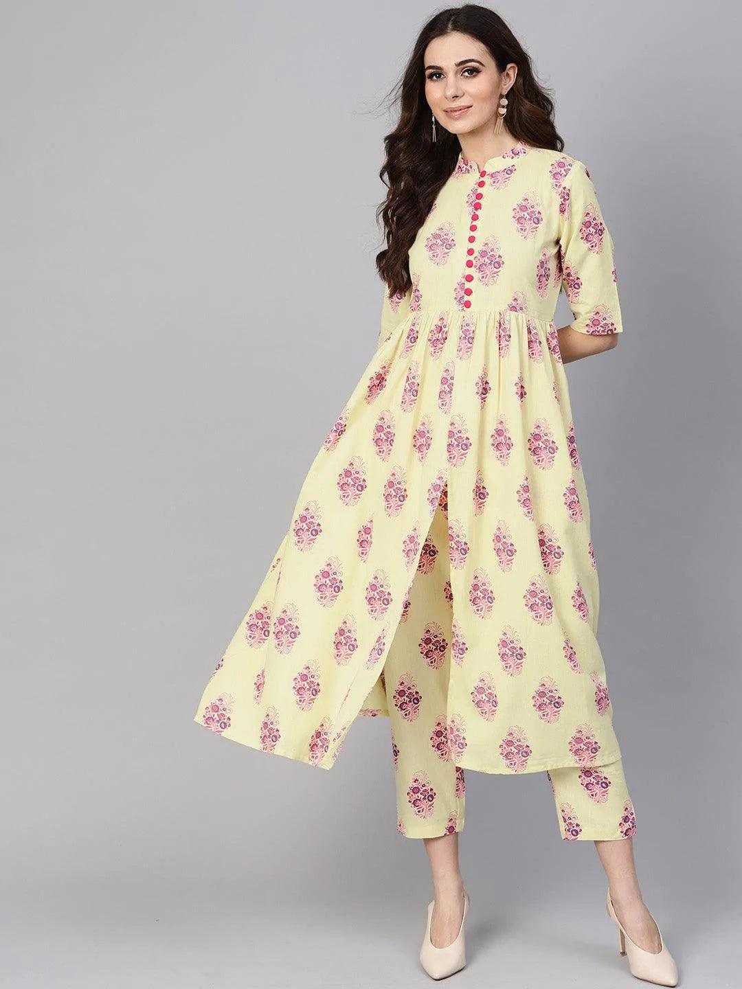 Yellow Printed Cotton Kurta Set