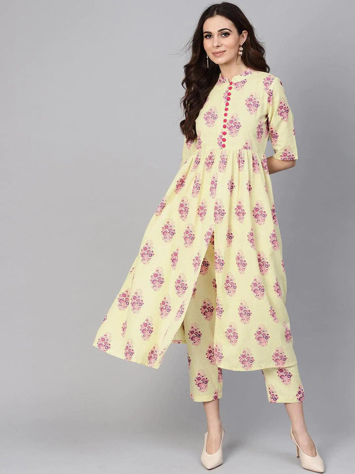 Yellow Printed Cotton Kurta Set - ShopLibas