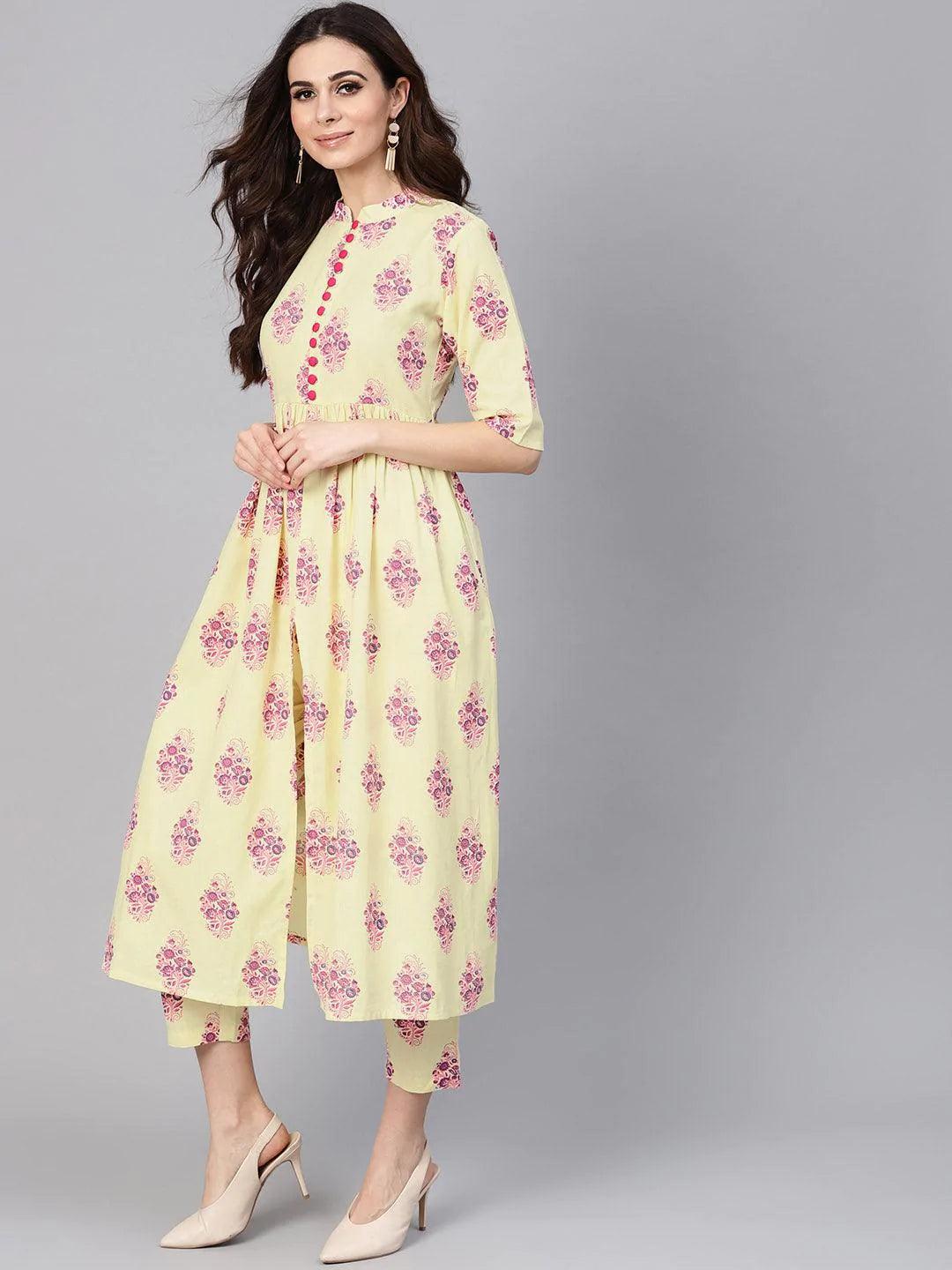 Yellow Printed Cotton Kurta Set