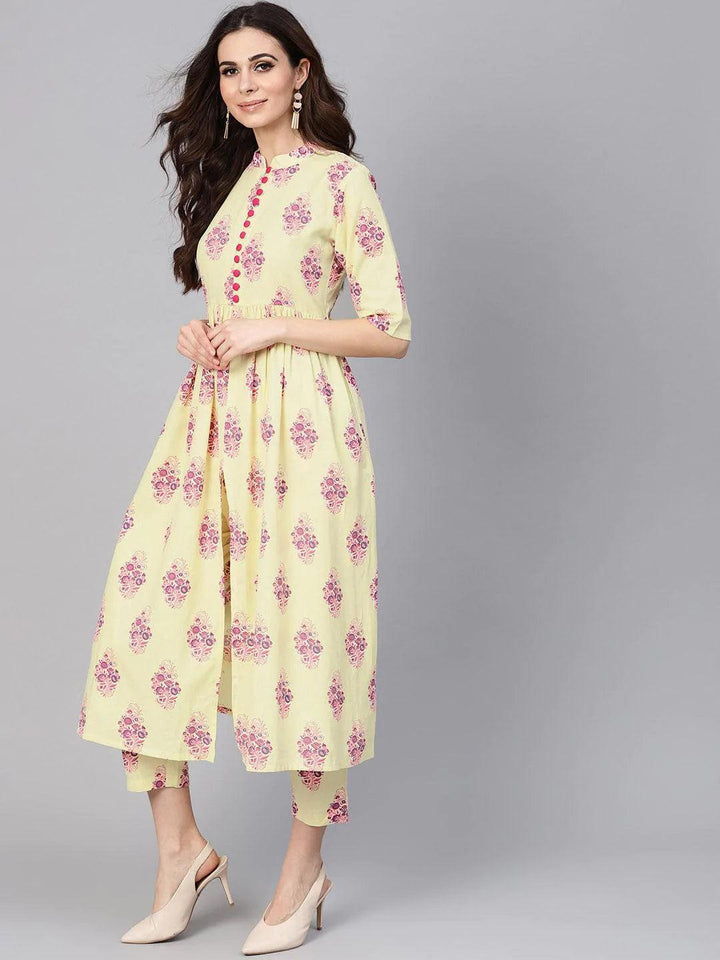 Yellow Printed Cotton Kurta Set - ShopLibas