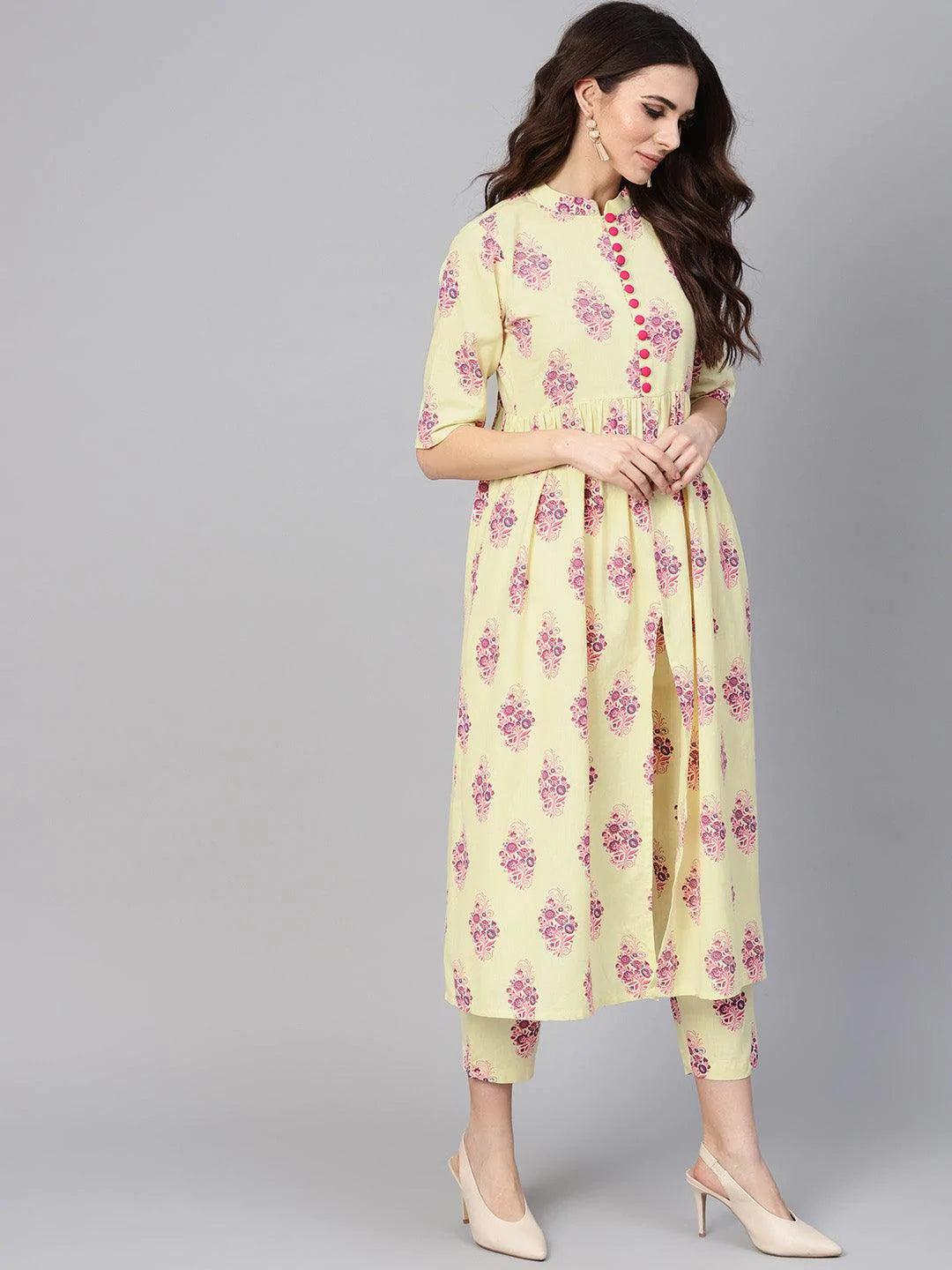 Yellow Printed Cotton Kurta Set