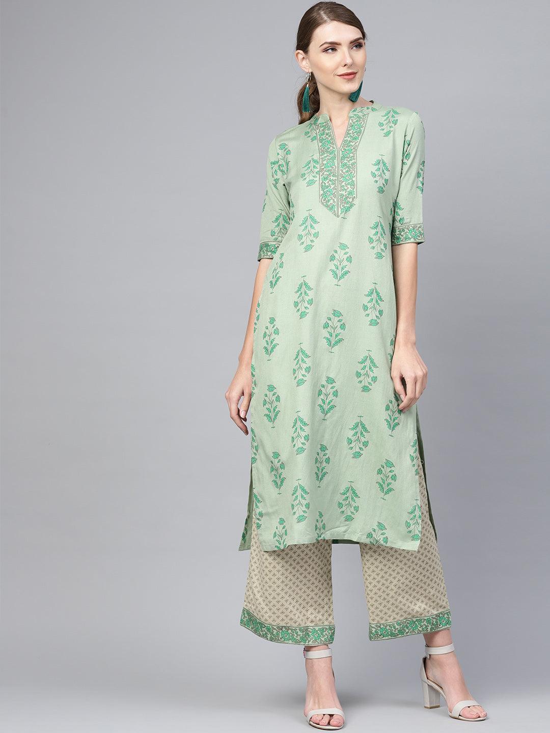 Green Printed Cotton Kurta Set