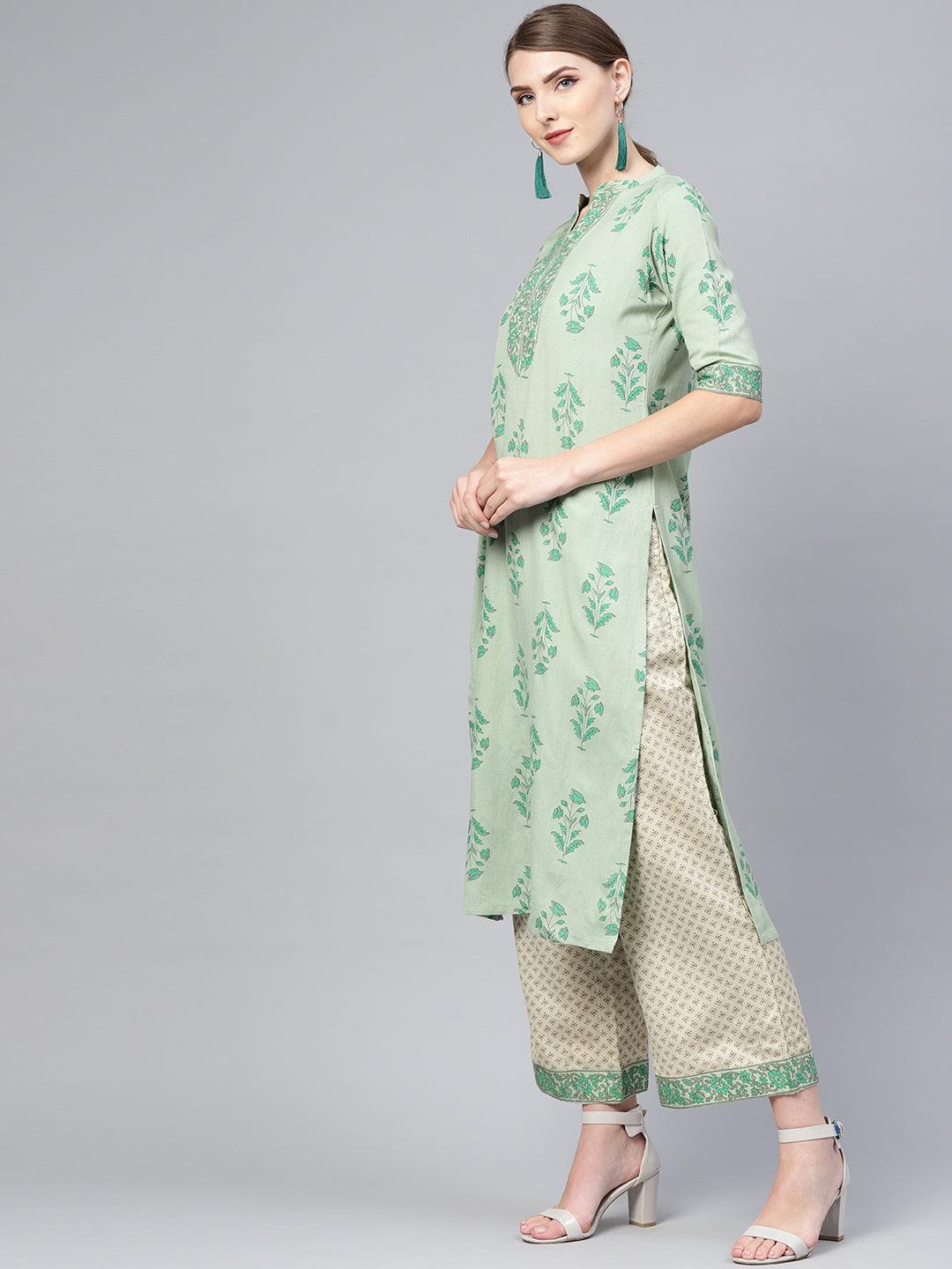 Green Printed Cotton Kurta Set