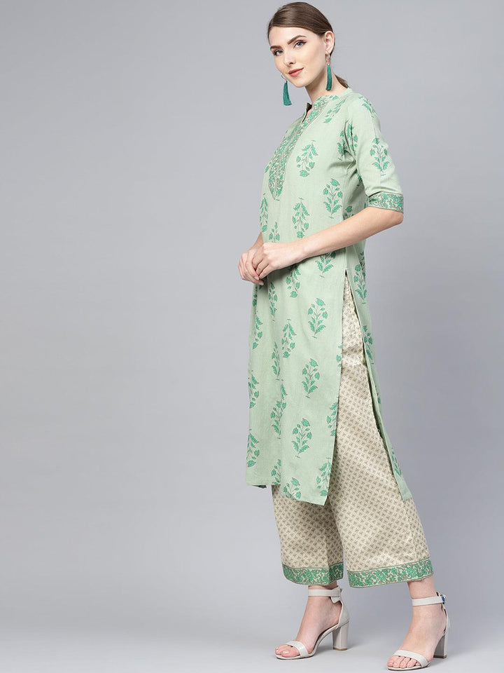 Green Printed Cotton Kurta Set - ShopLibas