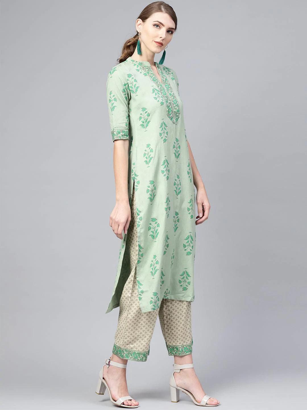 Green Printed Cotton Kurta Set