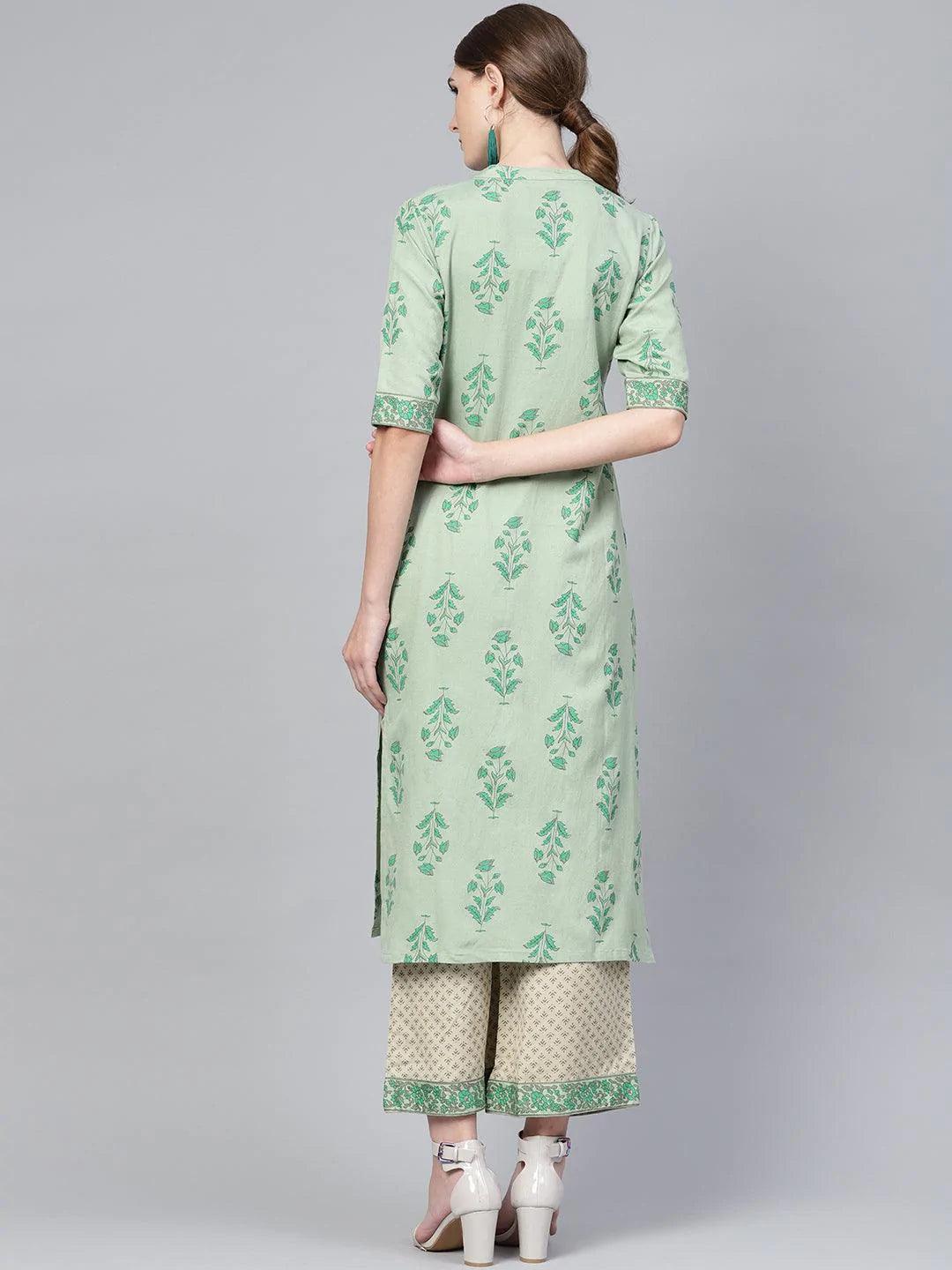 Green Printed Cotton Kurta Set