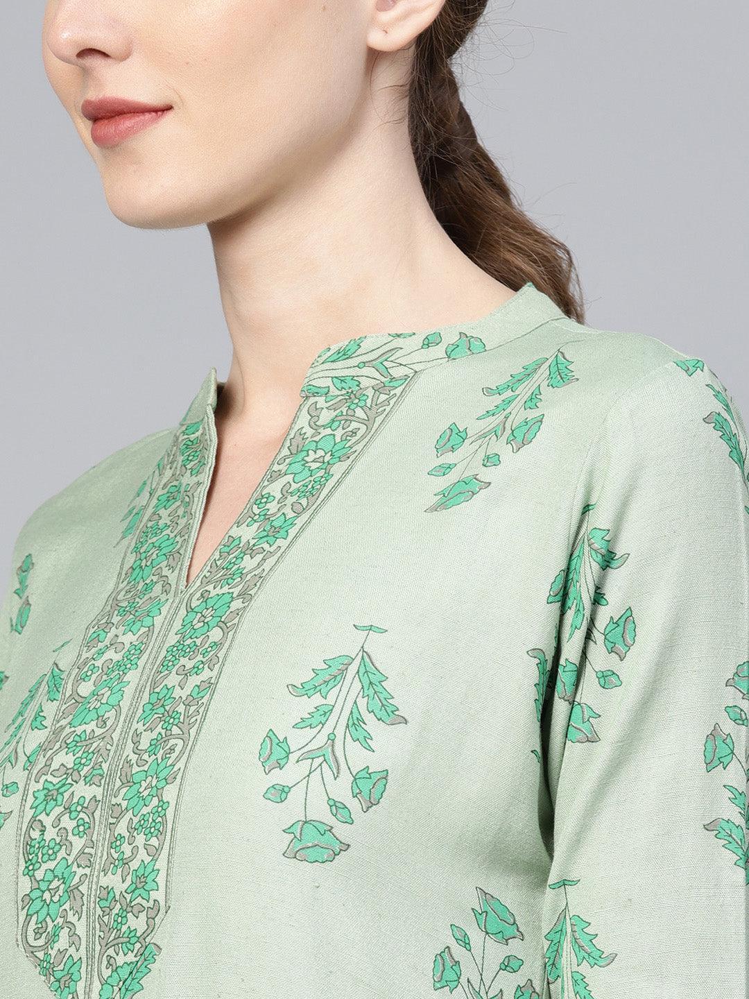 Green Printed Cotton Kurta Set