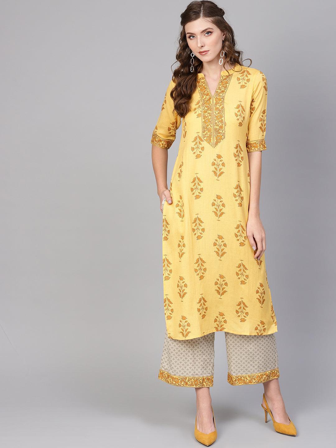 Yellow Printed Cotton Kurta Set - ShopLibas