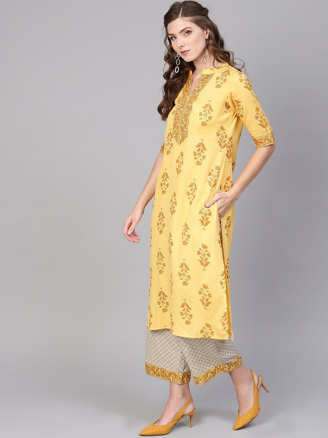 Yellow Printed Cotton Kurta Set - ShopLibas