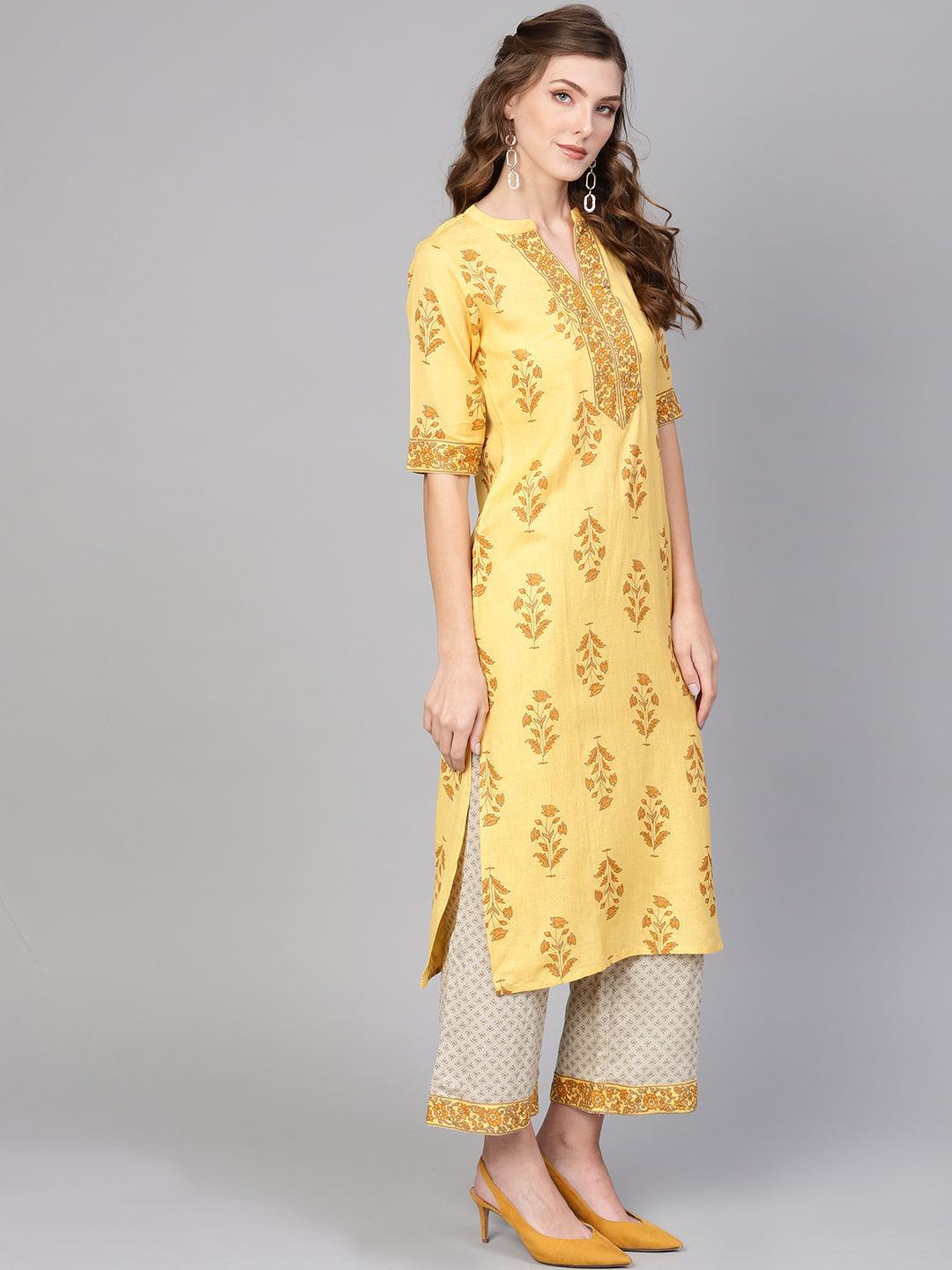 Yellow Printed Cotton Kurta Set - ShopLibas