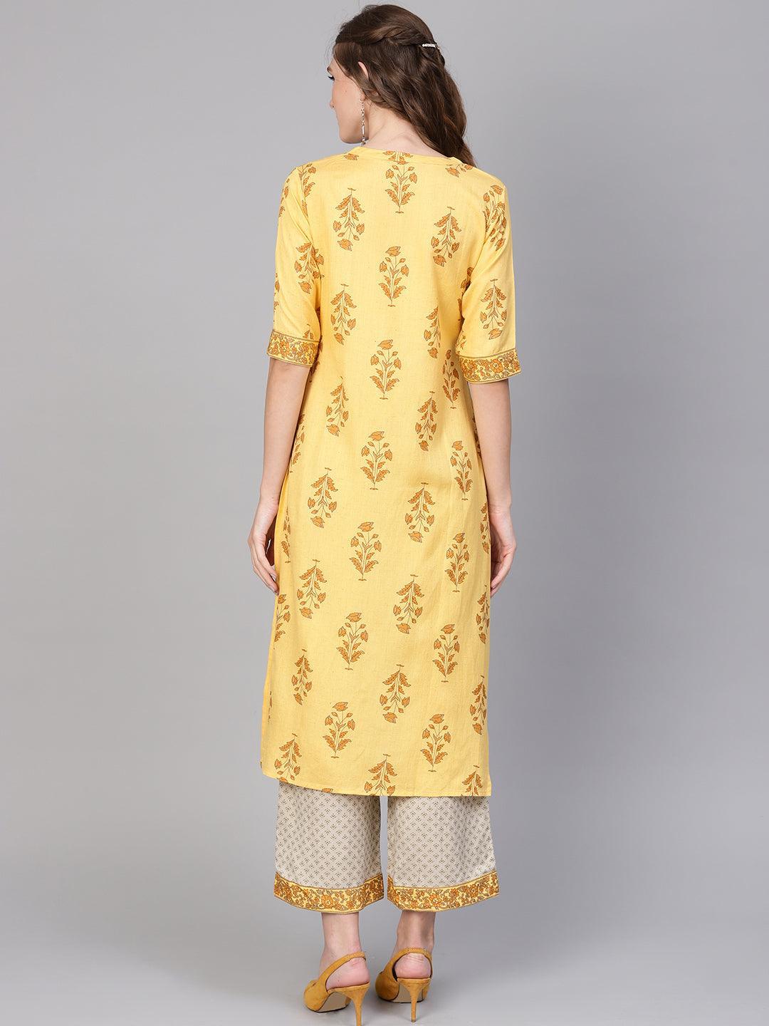 Yellow Printed Cotton Kurta Set - ShopLibas