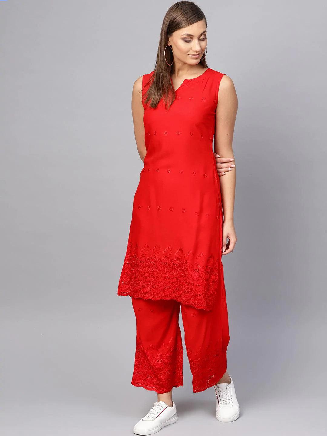 Red Embroidered Rayon Kurta Set