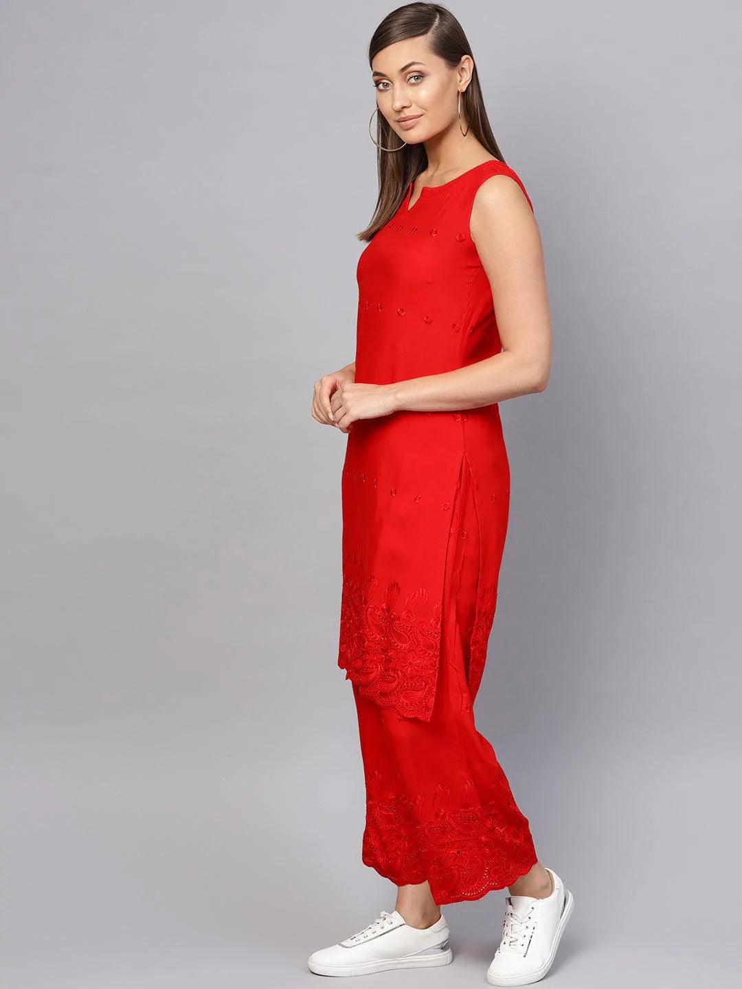 Red Embroidered Rayon Kurta Set