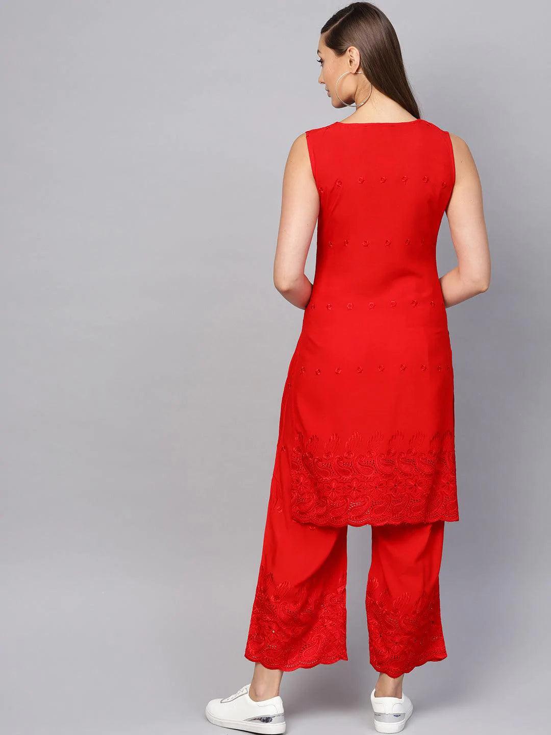 Red Embroidered Rayon Kurta Set