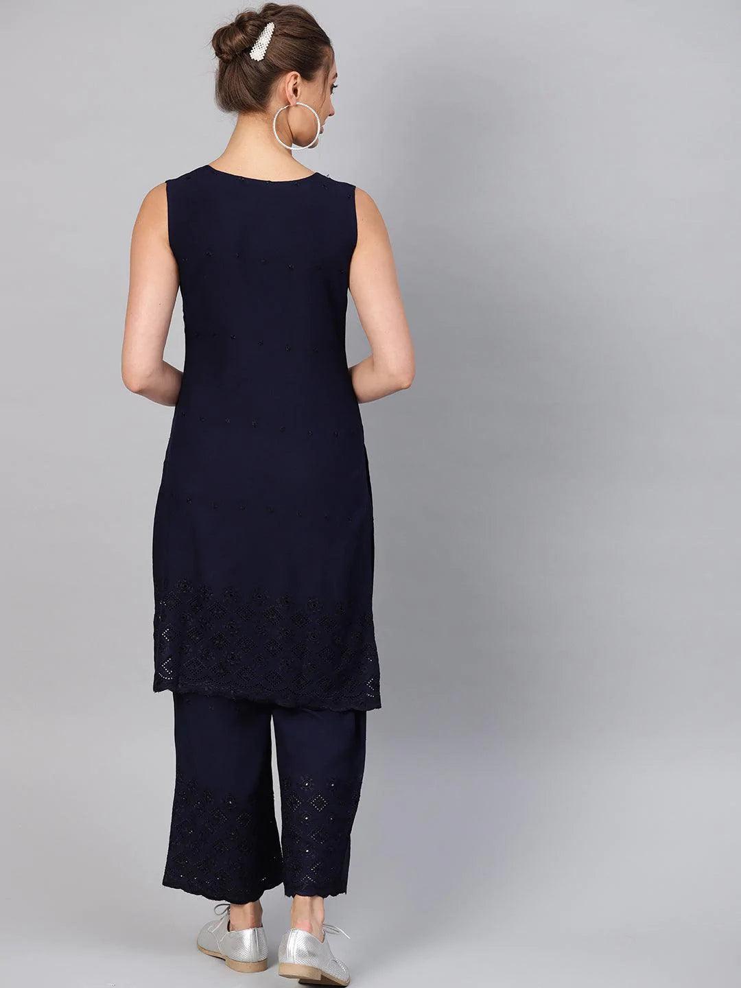 Navy Blue Embroidered Rayon Kurta Set