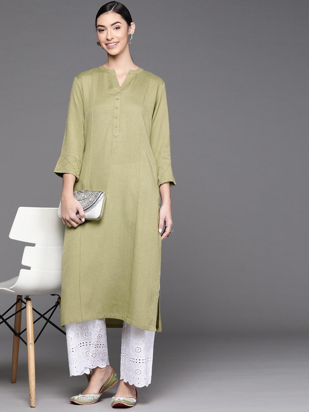 Olive Green Solid Cotton Kurta - ShopLibas