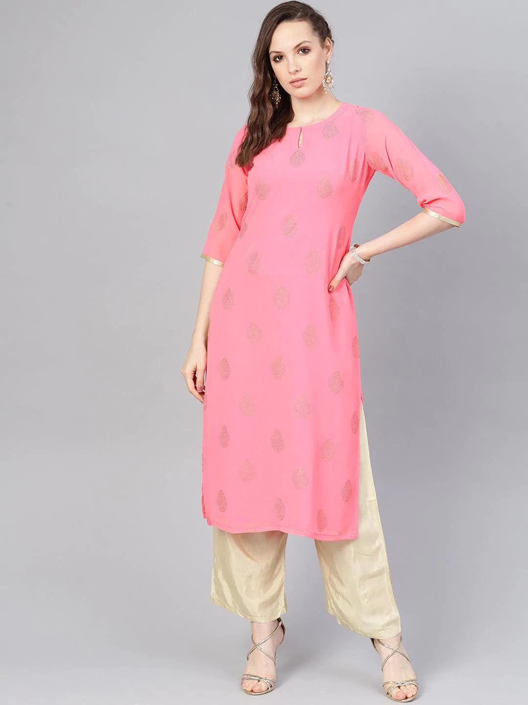 Pink Printed Georgette Kurta Set