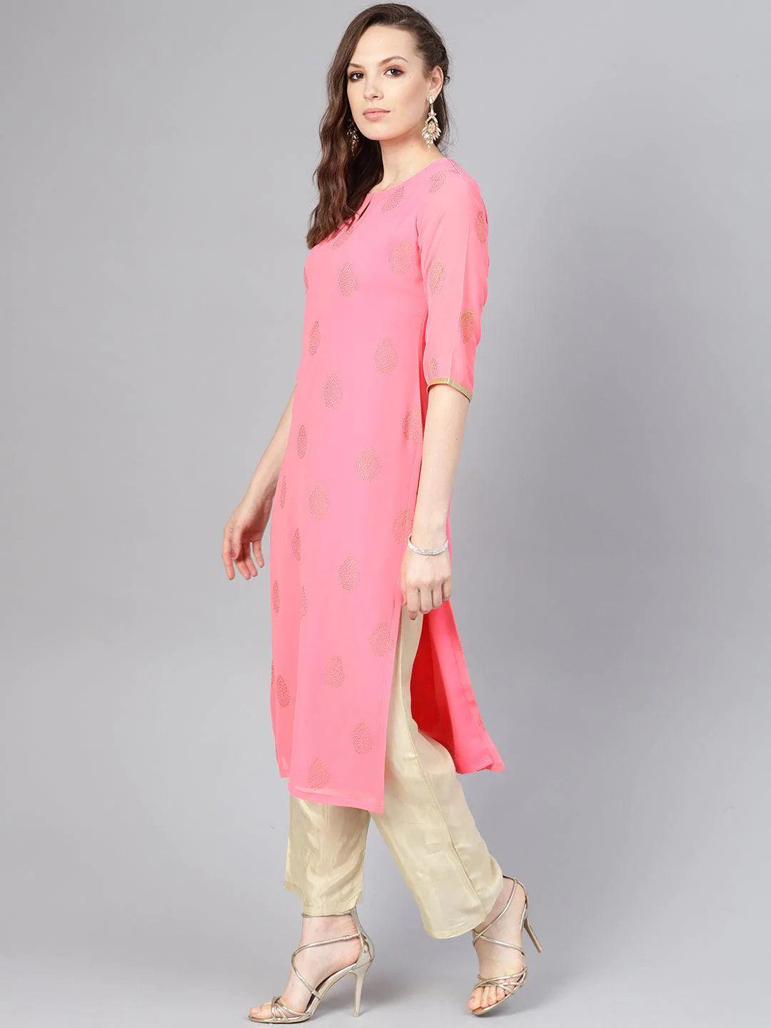 Pink Printed Georgette Kurta Set