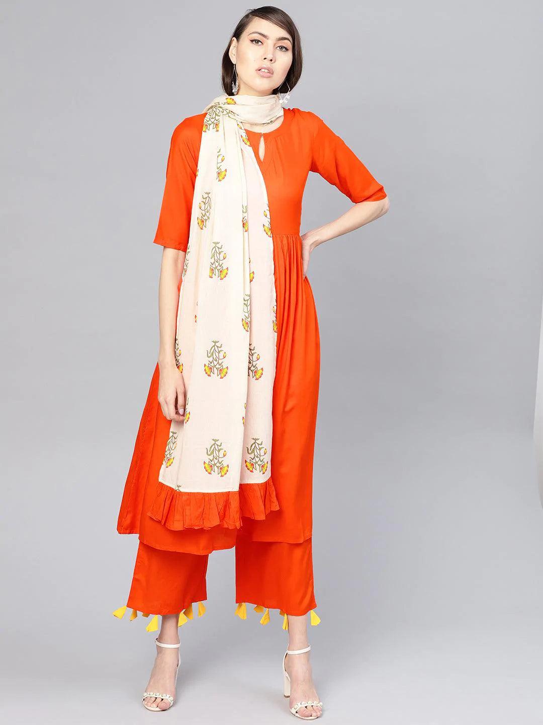 Orange Solid Rayon Kurta Set - ShopLibas