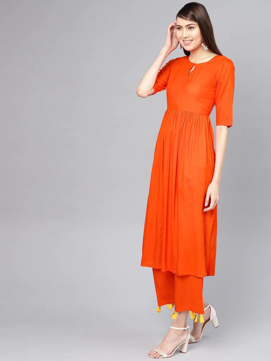 Orange Solid Rayon Kurta Set - ShopLibas