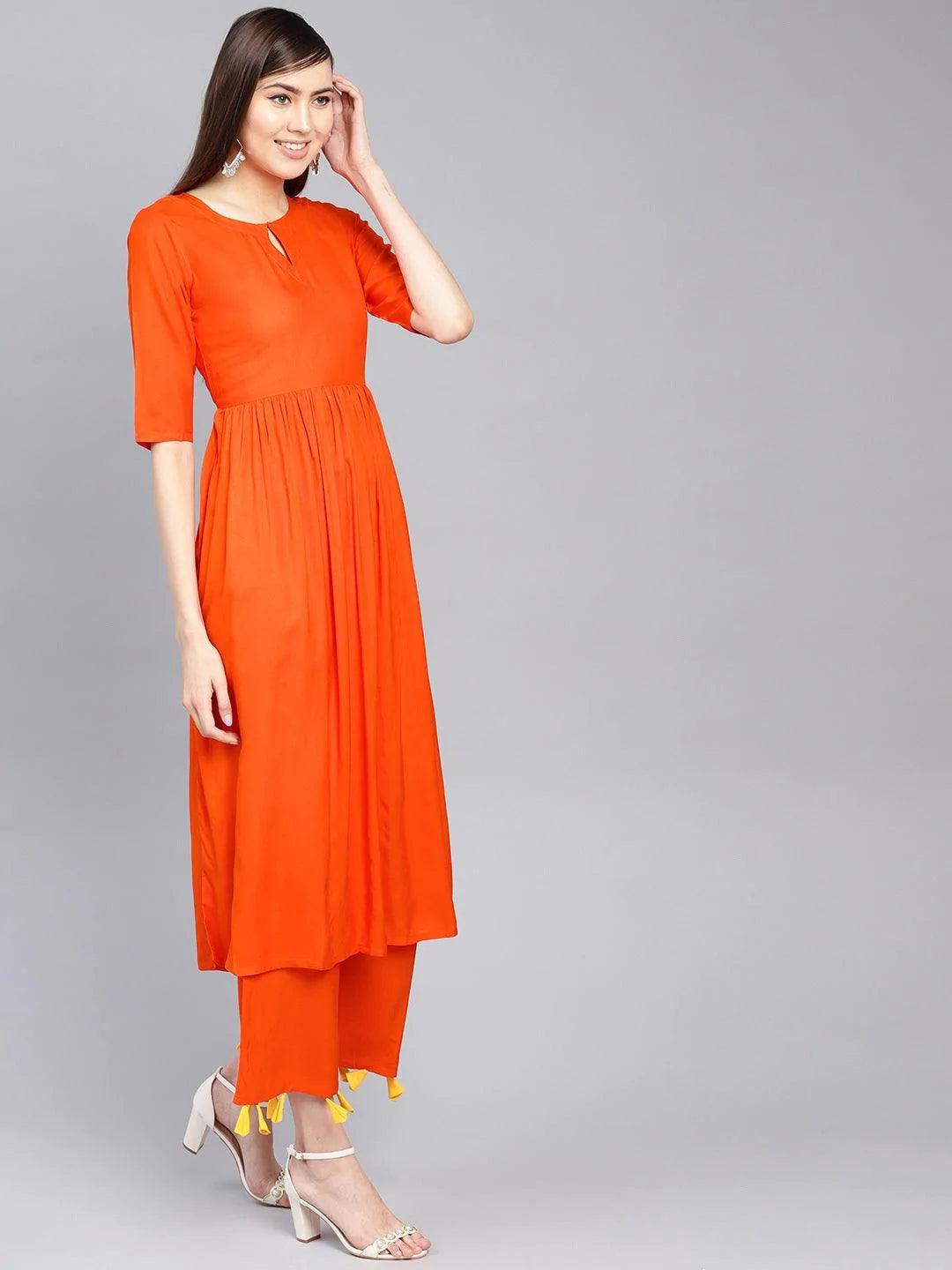 Orange Solid Rayon Kurta Set - ShopLibas