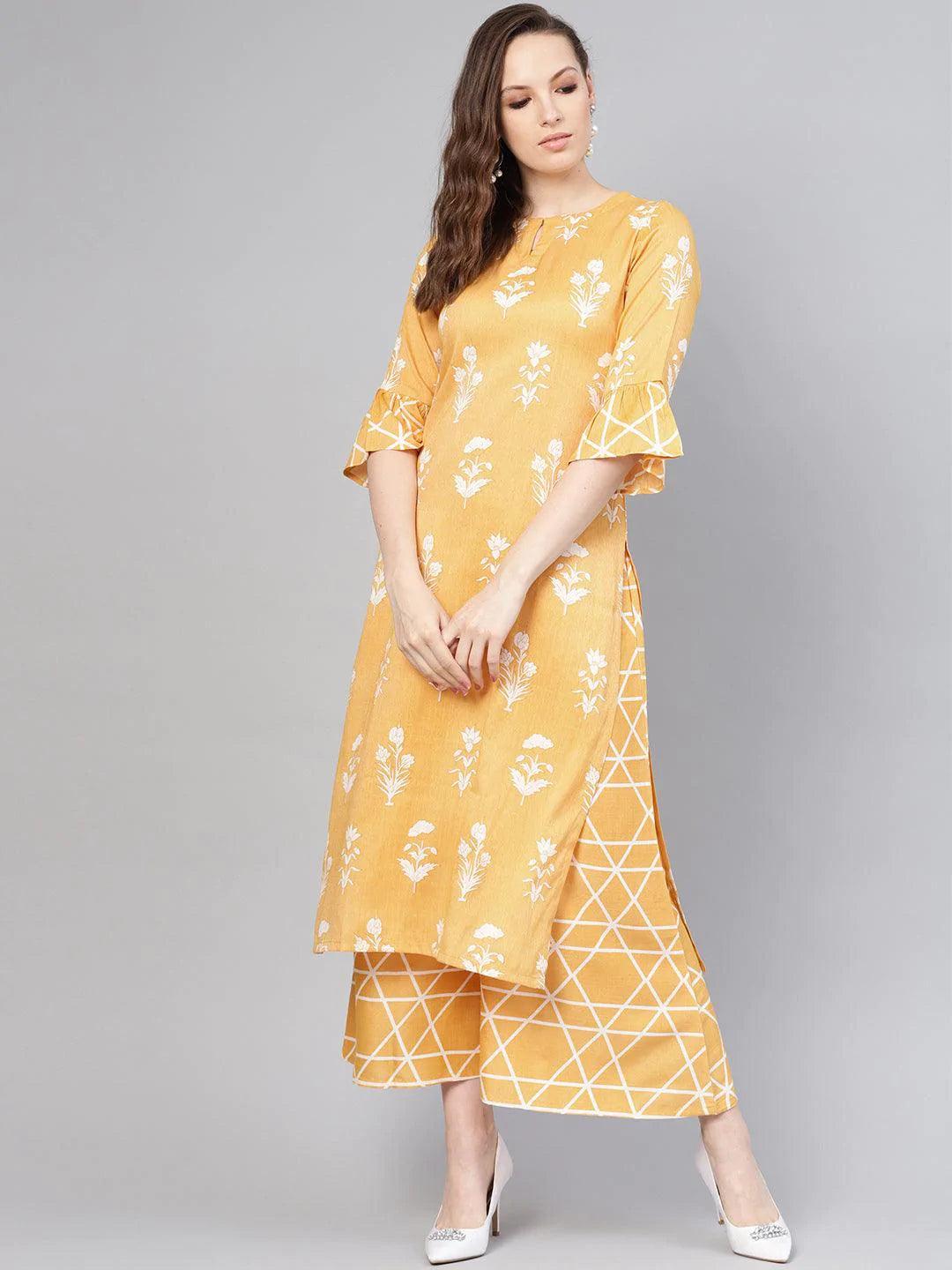 Yellow Printed Linen Kurta Set - ShopLibas