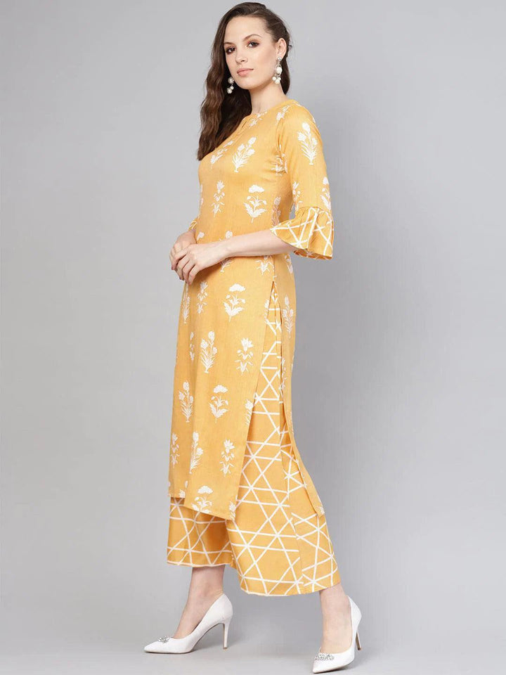 Yellow Printed Linen Kurta Set - ShopLibas