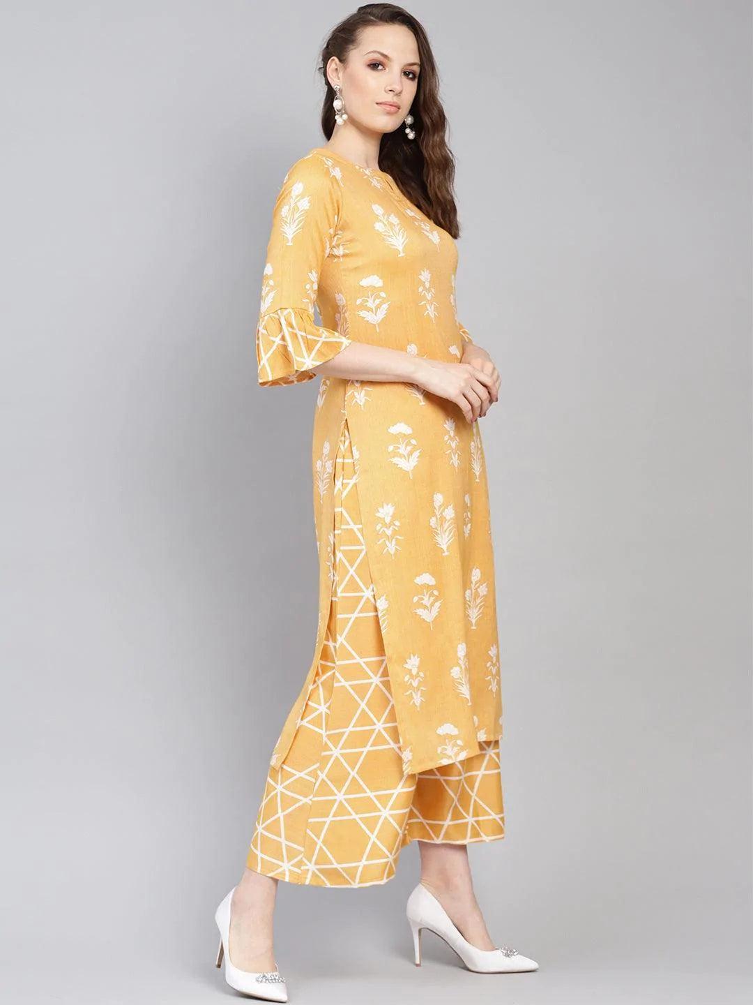 Yellow Printed Linen Kurta Set - ShopLibas