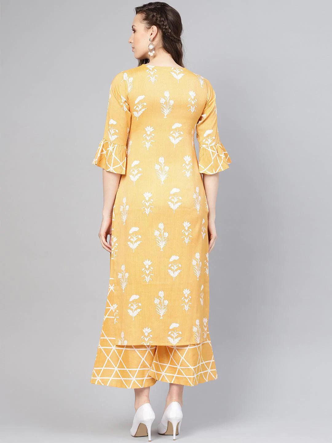 Yellow Printed Linen Kurta Set - ShopLibas