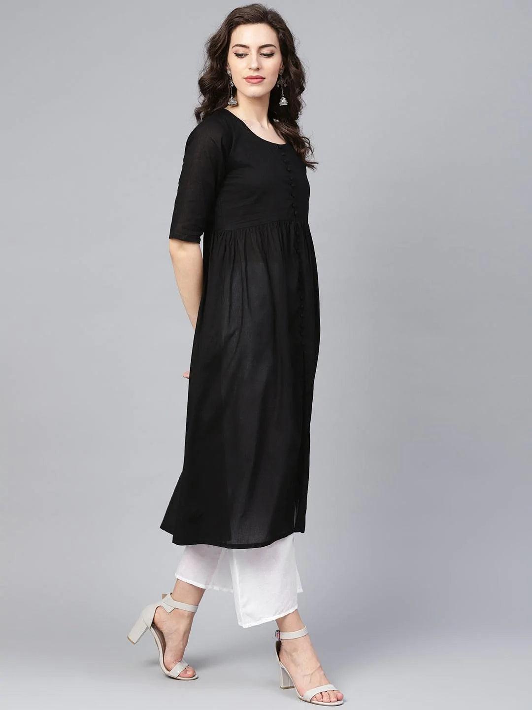 Black Solid Cotton Suit Set - ShopLibas