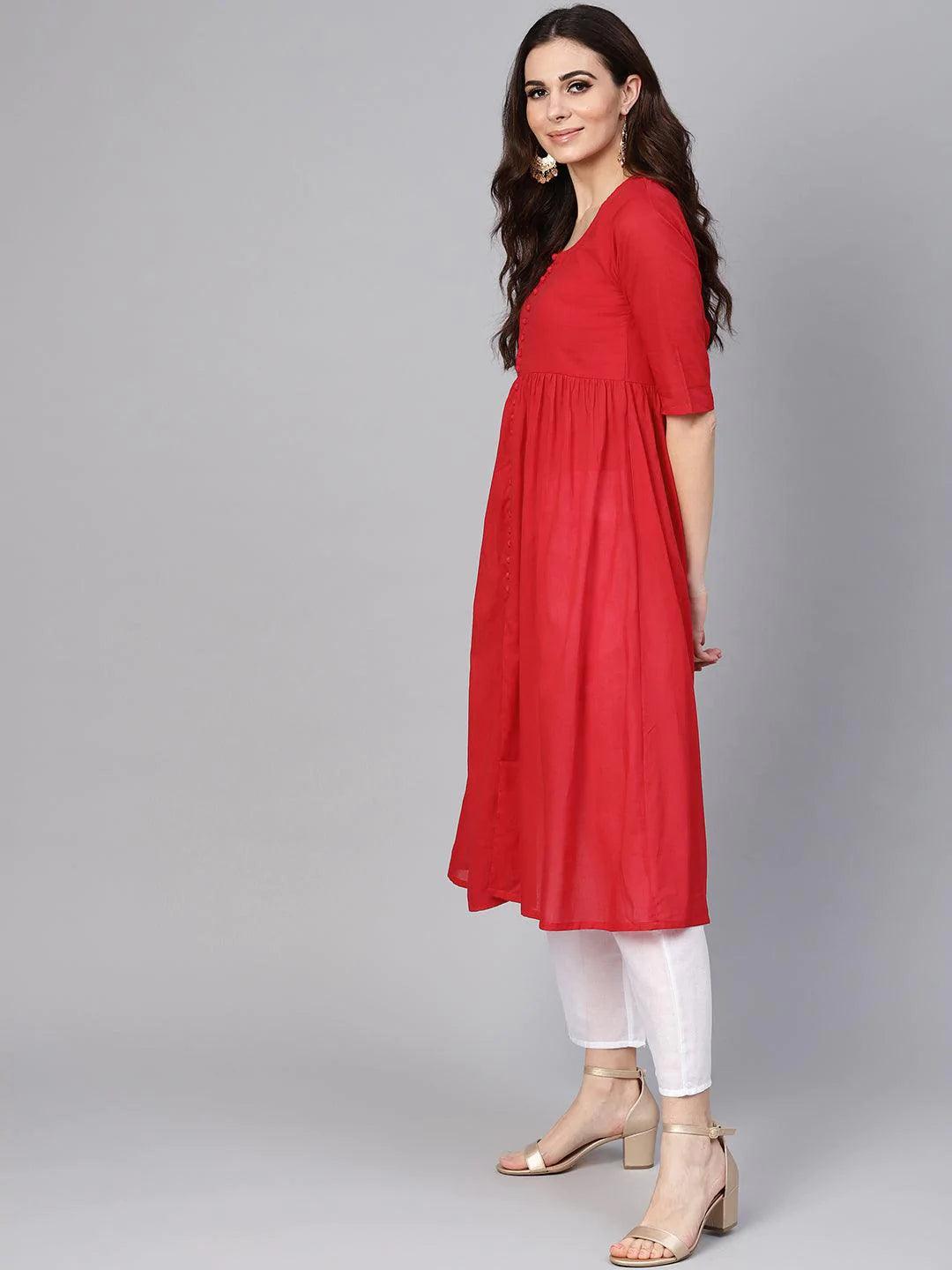 Red Solid Cotton Suit Set - ShopLibas