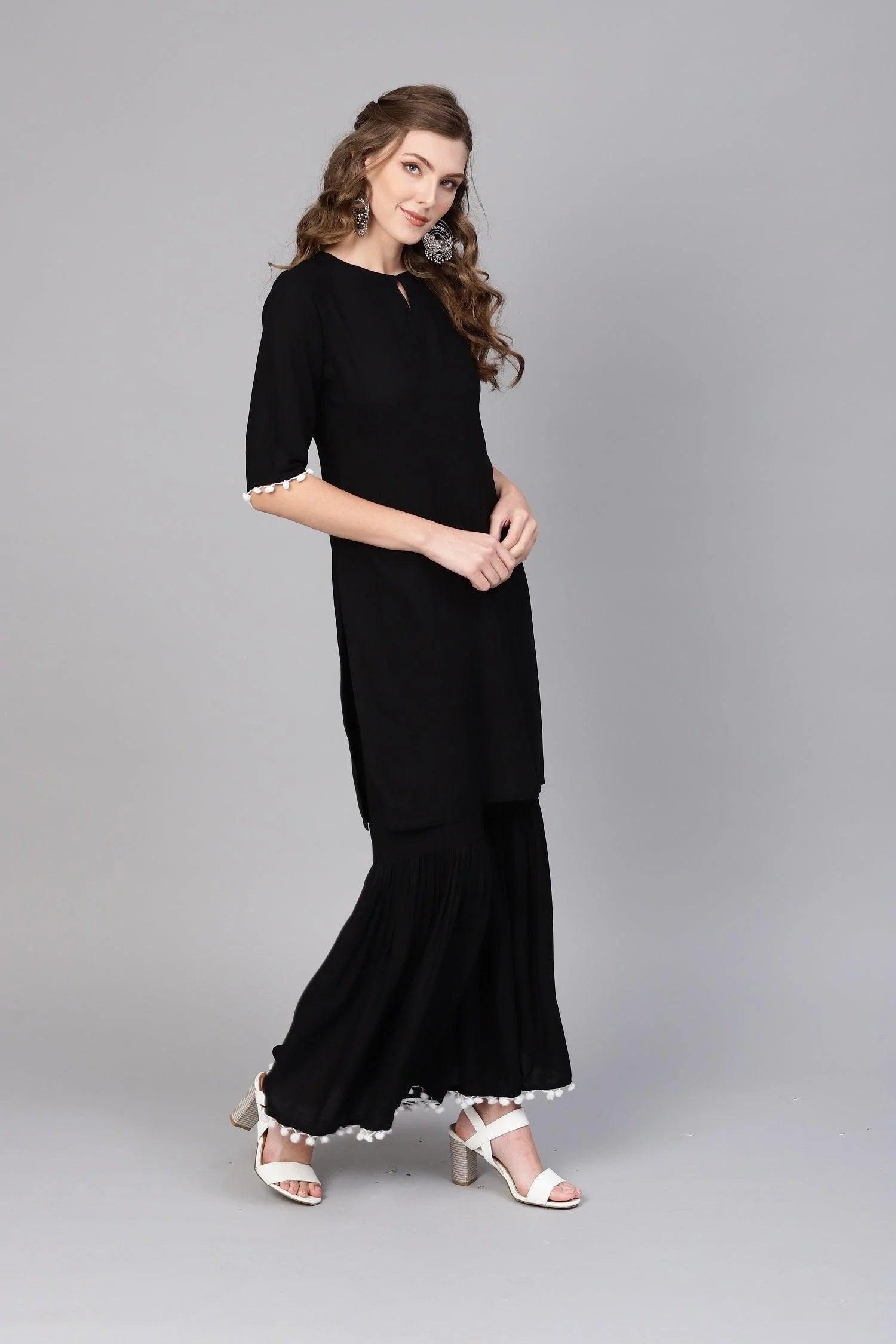 Black Solid Rayon Suit Set