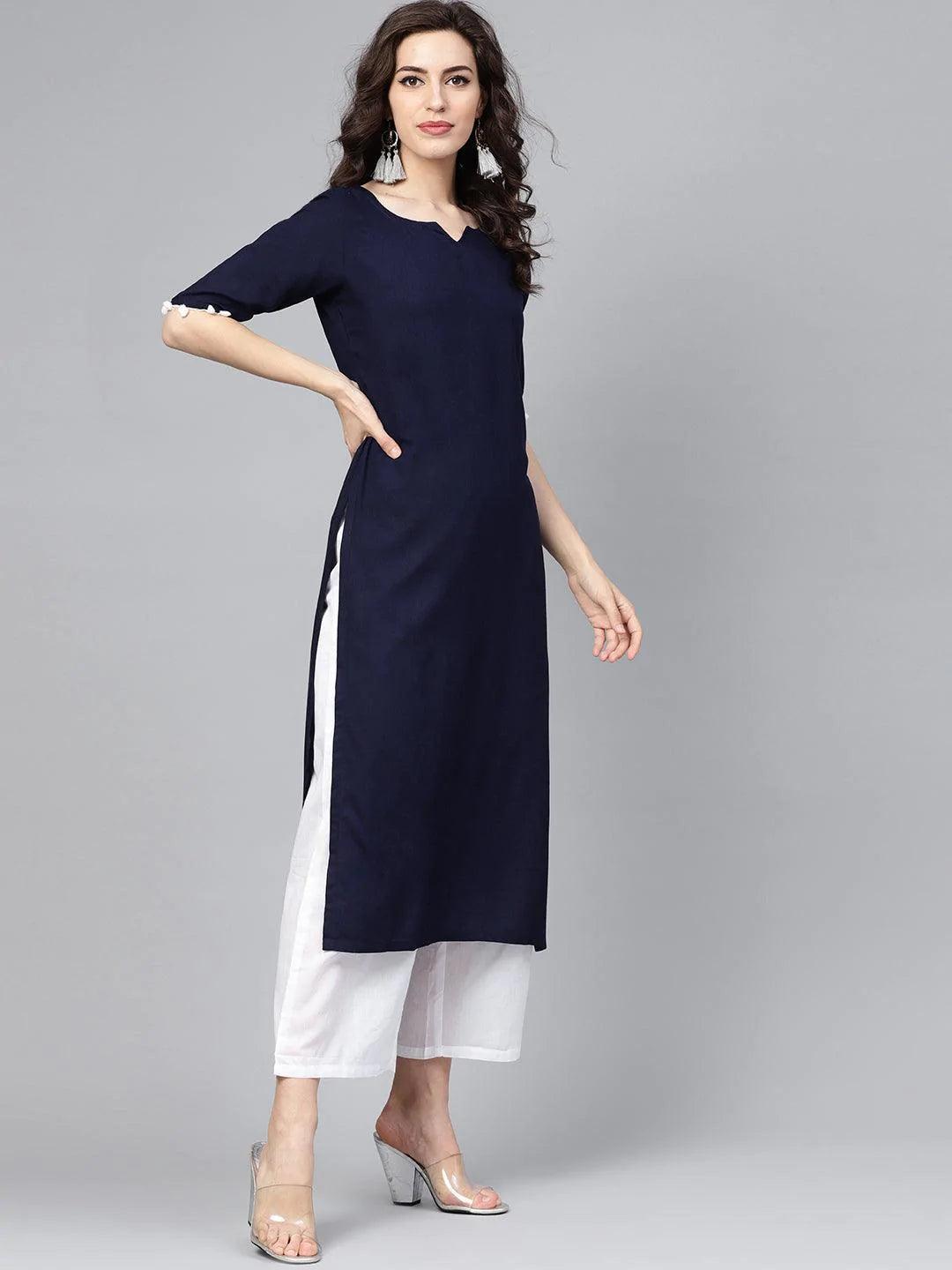 Navy Blue Solid Rayon Suit Set