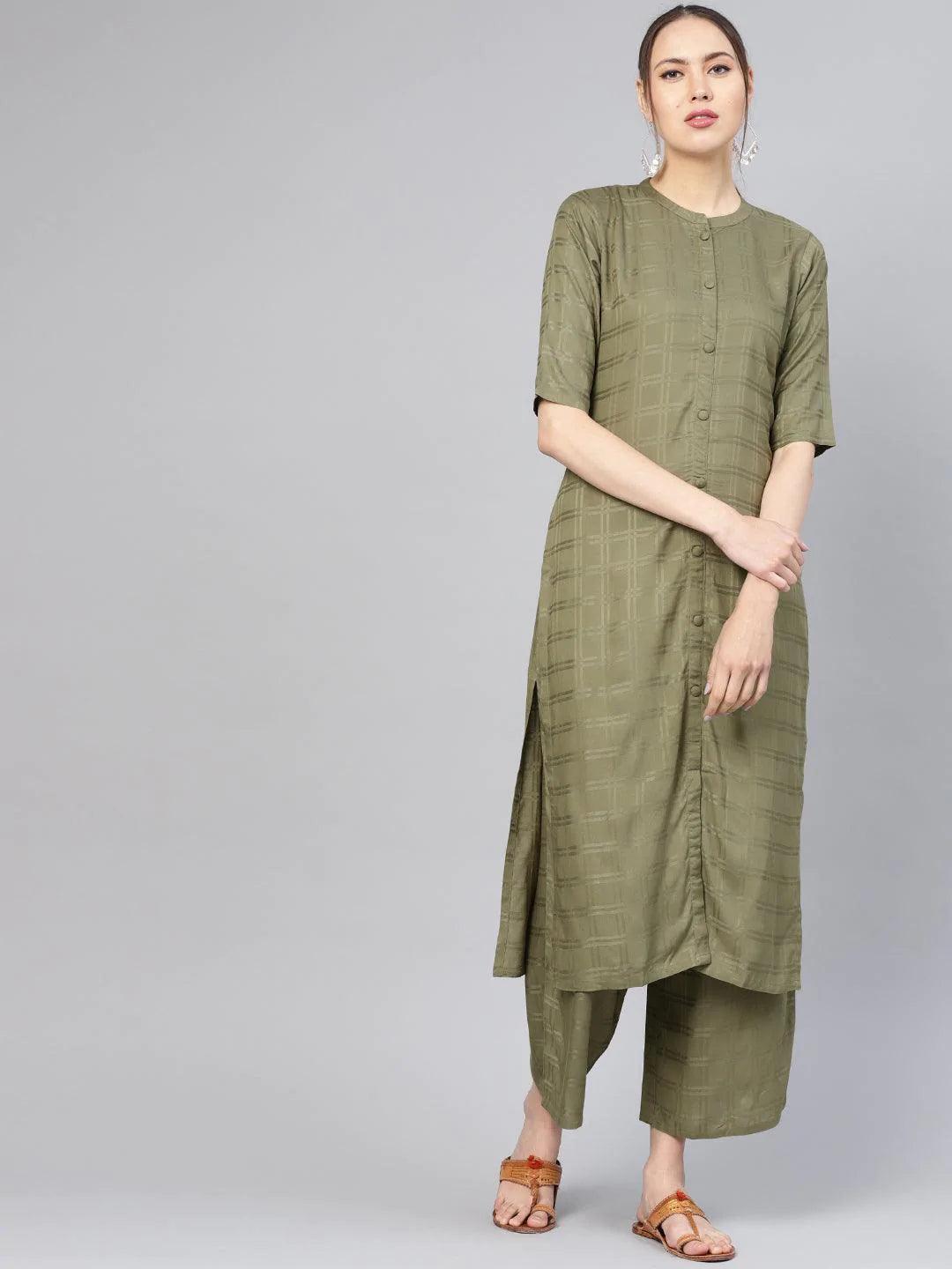 Green Printed Rayon Kurta Set